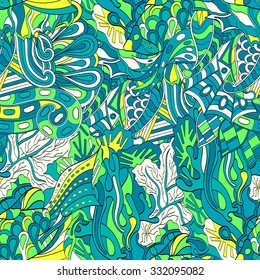 Tracery seamless calming pattern. Mehendi design. Neat even colorful harmonious doodle texture. Algae sea motif. Indifferent discreet. Ambitious bracing usable, curved doodling mehndi. Vector.