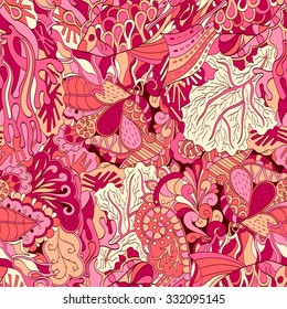 Tracery seamless calming pattern. Mehendi design. Neat even colorful red harmonious doodle texture. Algae sea motif. Indifferent discreet. Ambitious bracing usable, curved doodling mehndi. Vector.