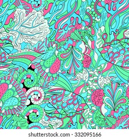 Tracery seamless calming pattern. Mehendi design. Neat even colorful blue harmonious doodle texture. Algae sea motif. Indifferent discreet. Ambitious bracing usable, curved doodling mehndi. Vector.