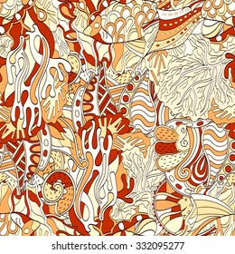 Tracery seamless calming pattern. Mehendi design. Neat even brown harmonious doodle texture. Algae sea motif. Indifferent discreet. Ambitious bracing usable, curved doodling mehndi. Vector.