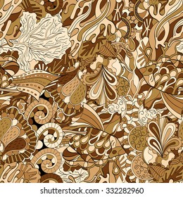 Tracery seamless calming pattern. Mehendi design. Neat even colorful brown harmonious doodle texture. Algae sea motif. Indifferent discreet. Ambitious bracing usable, curved doodling mehndi. Vector.