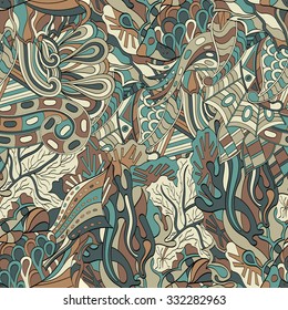 Tracery seamless calming pattern. Mehendi design. Neat even colorful brown harmonious doodle texture. Algae sea motif. Indifferent discreet. Ambitious bracing usable, curved doodling mehndi. Vector.