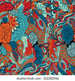 Tracery seamless calming pattern. Mehendi design. Neat even red blue harmonious doodle texture. Algae sea motif. Indifferent discreet. Ambitious bracing usable, curved doodling mehndi. Vector.