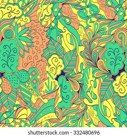 Tracery seamless calming pattern. Mehendi design. Neat even green yellow harmonious doodle texture. Algae sea motif. Indifferent discreet. Ambitious bracing usable, curved doodling mehndi. Vector.