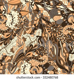 Tracery seamless calming pattern. Mehendi design. Neat even colorful brown harmonious doodle texture. Algae sea motif. Indifferent discreet. Ambitious bracing usable, curved doodling mehndi. Vector.