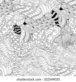 Tracery seamless calming pattern. Mehendi design. Neat even binary harmonious doodle texture. Algae sea motif. Indifferent ethnical. Ambitious bracing usable, curved doodling mehndi. Vector.