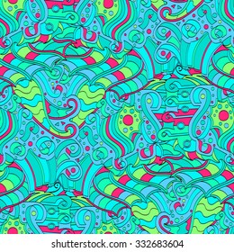Tracery seamless calming pattern. Mehendi design. Neat even colorful blue green harmonious doodle texture. Algae motif. Indifferent discreet. Ambitious bracing usable, curved doodling mehndi. Vector.