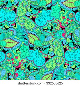 Tracery seamless calming pattern. Mehendi design. Neat even colorful blue green harmonious doodle texture. Algae motif. Indifferent discreet. Ambitious bracing usable, curved doodling mehndi. Vector.