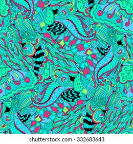 Tracery seamless calming pattern. Mehendi design. Neat even colorful blue green harmonious doodle texture. Algae motif. Indifferent discreet. Ambitious bracing usable, curved doodling mehndi. Vector.