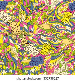 Tracery seamless calming pattern. Mehendi design. Neat even colorful yellow harmonious doodle texture. Algae sea motif. Indifferent discreet. Ambitious bracing usable, curved doodling mehndi. Vector.