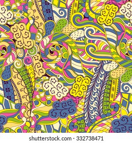 Tracery seamless calming pattern. Mehendi design. Neat even colorful yellow harmonious doodle texture. Algae sea motif. Indifferent discreet. Ambitious bracing usable, curved doodling mehndi. Vector.