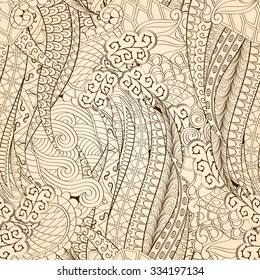 Tracery seamless calming pattern. Mehendi design. Neat even monochrome harmonious doodle texture. Algae sea motif. Indifferent ethnical. Ambitious bracing usable, curved doodling mehndi. Vector.