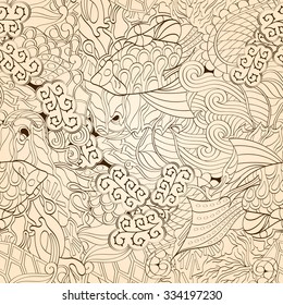 Tracery seamless calming pattern. Mehendi design. Neat even monochrome harmonious doodle texture. Algae sea motif. Indifferent ethnical. Ambitious bracing usable, curved doodling mehndi. Vector.