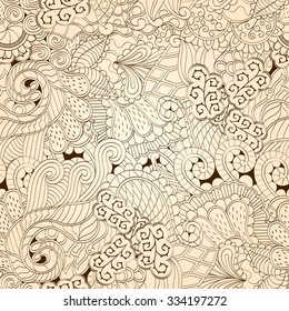 Tracery seamless calming pattern. Mehendi design. Neat even monochrome harmonious doodle texture. Algae sea motif. Indifferent ethnical. Ambitious bracing usable, curved doodling mehndi. Vector.