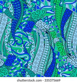 Tracery seamless calming pattern. Mehendi design. Neat even blue harmonious doodle texture. Algae sea motif. Indifferent discreet. Ambitious bracing usable, curved doodling mehndi. Vector.