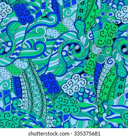 Tracery seamless calming pattern. Mehendi design. Neat even blue harmonious doodle texture. Algae sea motif. Indifferent discreet. Ambitious bracing usable, curved doodling mehndi. Vector.
