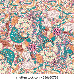 Tracery seamless calming pattern. Mehendi design. Neat even colorful harmonious doodle texture. Algae sea motif. Indifferent discreet. Ambitious bracing usable, curved doodling mehndi. Vector.