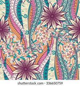 Tracery seamless calming pattern. Mehendi design. Neat even colorful harmonious doodle texture. Algae sea motif. Indifferent discreet. Ambitious bracing usable, curved doodling mehndi. Vector.