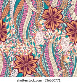 Tracery seamless calming pattern. Mehendi design. Neat even colorful harmonious doodle texture. Algae sea motif. Indifferent discreet. Ambitious bracing usable, curved doodling mehndi. Vector.