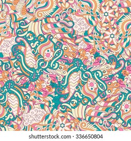 Tracery seamless calming pattern. Mehendi design. Neat even colorful harmonious doodle texture. Algae sea motif. Indifferent discreet. Ambitious bracing usable, curved doodling mehndi. Vector.