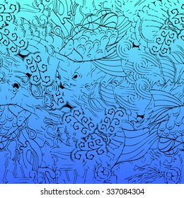 Tracery seamless calming pattern. Mehendi design. Neat even blue harmonious doodle texture. Algae sea motif. Indifferent ethnical. Ambitious bracing usable, curved doodling mehndi. Vector.