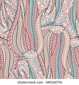 Tracery seamless calming pattern. Mehendi design. Neat even pastel harmonious doodle texture. Algae sea motif. Indifferent discreet. Ambitious bracing usable, curved doodling mehndi. Vector.