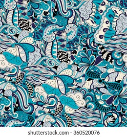 Tracery seamless calming pattern. Mehendi design. Neat even colorful harmonious doodle texture. Algae sea motif. Indifferent discreet. Ambitious bracing usable, curved doodling mehndi. Vector.