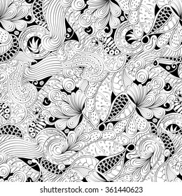 Tracery seamless calming pattern. Mehendi design. Neat even binary harmonious doodle texture. Algae sea motif. Indifferent discreet. Ambitious bracing usable, curved doodling mehndi. Vector.