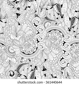 Tracery seamless calming pattern. Mehendi design. Neat even binary harmonious doodle texture. Algae sea motif. Indifferent discreet. Ambitious bracing usable, curved doodling mehndi. Vector.