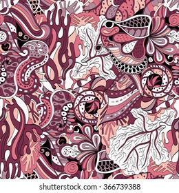 Tracery seamless calming pattern. Mehendi design. Neat even colorful harmonious doodle texture. Algae sea motif. Vector.