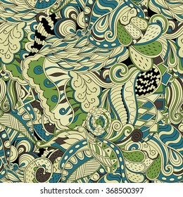 Tracery seamless calming pattern. Mehendi design. Neat even colorful harmonious doodle texture. Algae sea motif. Indifferent discreet. Ambitious bracing usable, curved doodling mehndi. Vector.