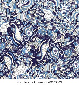 Tracery seamless calming pattern. Mehendi design. Neat even colorful harmonious doodle texture. Algae sea motif. Indifferent discreet. Ambitious bracing usable, curved doodling mehndi. Vector.