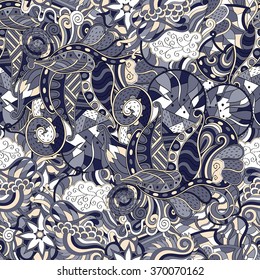 Tracery seamless calming pattern. Mehendi design. Neat even colorful harmonious doodle texture. Algae sea motif. Indifferent discreet. Ambitious bracing usable, curved doodling mehndi. Vector.