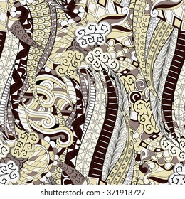 Tracery seamless calming pattern. Mehendi design. Neat even colorful harmonious doodle texture. Algae sea motif. Indifferent discreet. Ambitious bracing usable, curved doodling mehndi. Vector.