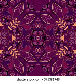 Tracery seamless calming pattern. Mehendi design. Neat even colorful harmonious doodle texture. Algae sea motif. Ambitious bracing usable, curved doodling mehndi. Vector.