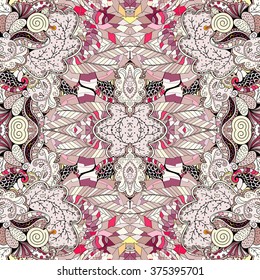 Tracery seamless calming pattern. Mehendi design. Neat even colorful harmonious doodle texture. Algae sea motif. Ambitious bracing usable, curved doodling mehndi. Vector.