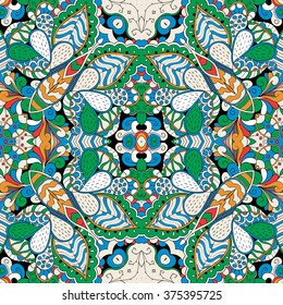 Tracery seamless calming pattern. Mehendi design. Neat even colorful harmonious doodle texture. Algae sea motif. Ambitious bracing usable, curved doodling mehndi. Vector.