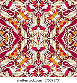 Tracery seamless calming pattern. Mehendi design. Neat even colorful harmonious doodle texture. Algae sea motif.  Ambitious bracing usable, curved doodling mehndi. Vector.