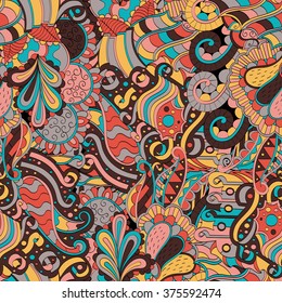 Tracery seamless calming pattern. Mehendi design. Neat even colorful harmonious doodle texture. Algae sea motif. Ambitious bracing usable, curved doodling mehndi. Vector.