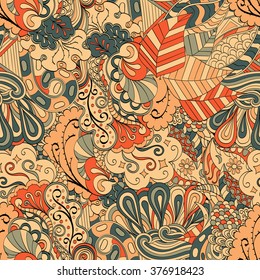 Tracery seamless calming pattern. Mehendi design. Neat even colorful harmonious doodle texture. Algae sea motif. Indifferent discreet. Ambitious bracing usable, curved doodling mehndi. Vector.