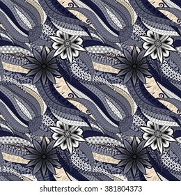 Tracery seamless calming pattern. Mehendi design. Neat even colorful harmonious doodle texture. Algae sea motif. Indifferent discreet. Ambitious bracing usable, curved doodling mehndi. Vector.