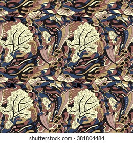 Tracery seamless calming pattern. Mehendi design. Neat even colorful harmonious doodle texture. Algae sea motif. Indifferent discreet. Ambitious bracing usable, curved doodling mehndi. Vector.