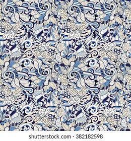 Tracery seamless calming pattern. Mehendi design. Neat even colorful harmonious doodle texture. Algae sea motif. Indifferent discreet. Ambitious bracing usable, curved doodling mehndi. Vector.