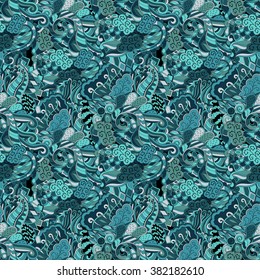 Tracery seamless calming pattern. Mehendi design. Neat even colorful harmonious doodle texture. Algae sea motif. Indifferent discreet. Ambitious bracing usable, curved doodling mehndi. Vector.