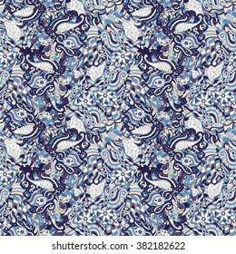 Tracery seamless calming pattern. Mehendi design. Neat even colorful harmonious doodle texture. Algae sea motif. Indifferent discreet. Ambitious bracing usable, curved doodling mehndi. Vector.
