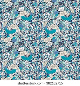 Tracery seamless calming pattern. Mehendi design. Neat even colorful harmonious doodle texture. Algae sea motif. Indifferent discreet. Ambitious bracing usable, curved doodling mehndi. Vector.