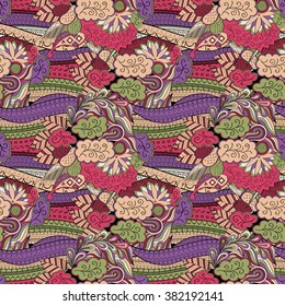 Tracery seamless calming pattern. Mehendi design. Neat even colorful harmonious doodle texture. Algae sea motif. Indifferent discreet. Ambitious bracing usable, curved doodling mehndi. Vector.