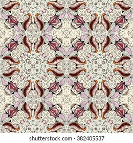 Tracery seamless calming pattern. Mehendi design. Neat even colorful harmonious doodle texture. Algae sea motif. Indifferent discreet. Ambitious bracing usable, curved doodling mehndi. Vector.