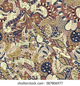 Tracery seamless calming pattern. Mehendi design. Neat even colorful harmonious doodle texture. Algae sea motif. Indifferent discreet. Ambitious bracing usable, curved doodling mehndi. Vector.