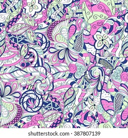 Tracery seamless calming pattern. Mehendi design. Neat even colorful harmonious doodle texture. Algae sea motif. Indifferent discreet. Ambitious bracing usable, curved doodling mehndi. Vector.